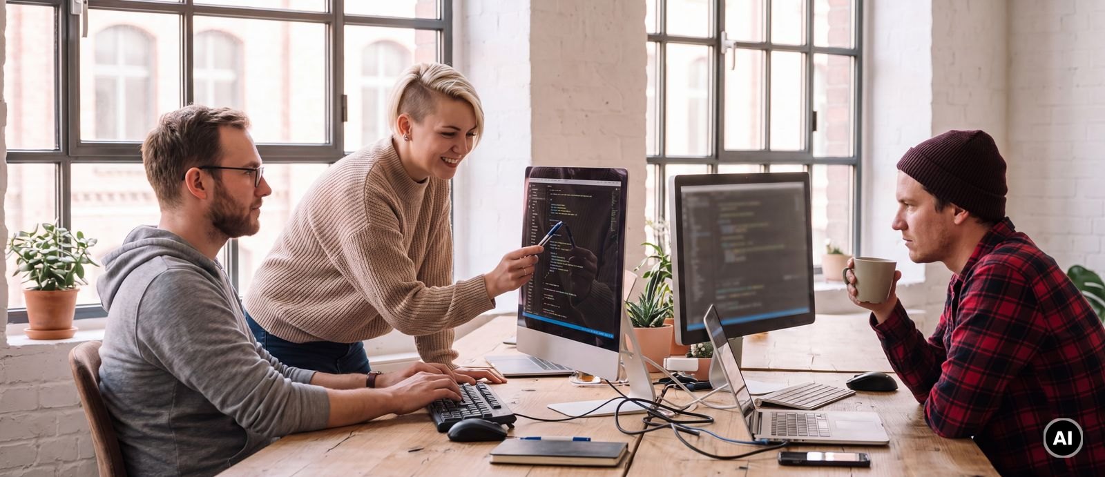 Das Team am gemeinsamen Arbeitstisch im Loft: Eine Entwicklerin zeigt auf Code am Monitor, ihr Kollege im Hoodie tippt, der Kollege mit Mütze prüft am zweiten Bildschirm (KI-generiertes Bild)